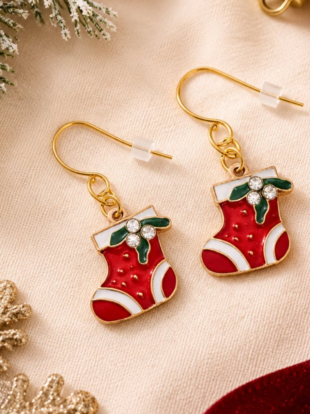 Christmas Stocking Enamel Rhinestone Dangle Earrings Red Green Holiday